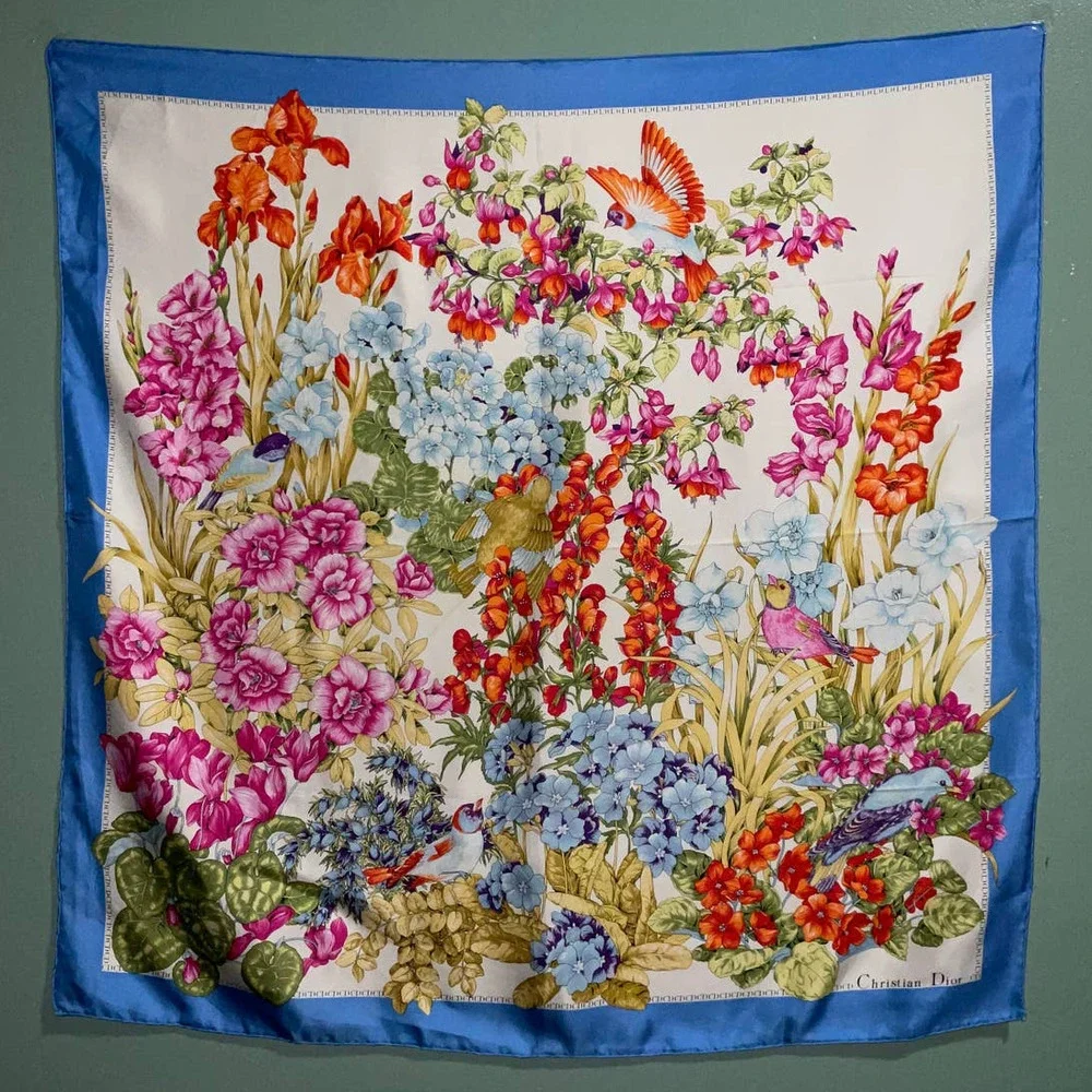Christian Dior 32” Square 100% Silk Scarf Blue Multicolored Birds & Floral Print - Picture 16 of 16